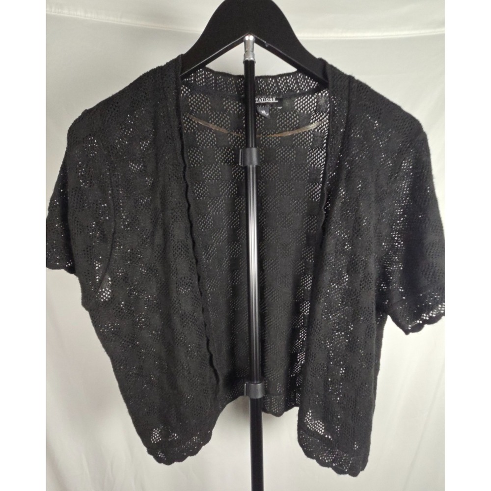 Womens Sz XL Black Open Knit Bolero Cardigan Shrug Short Sleeve Scalloped Hem